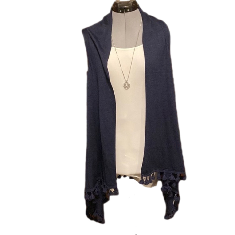 Anna Lane long blue tasseled vest